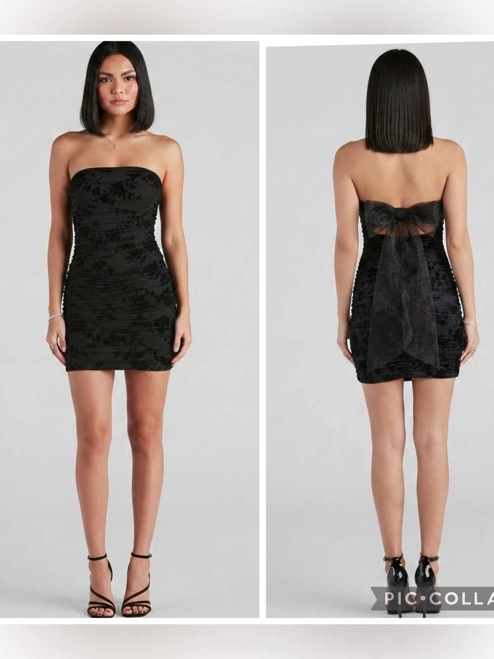 Windsor Flocked Velvet Black Back Bow Strapless Dress